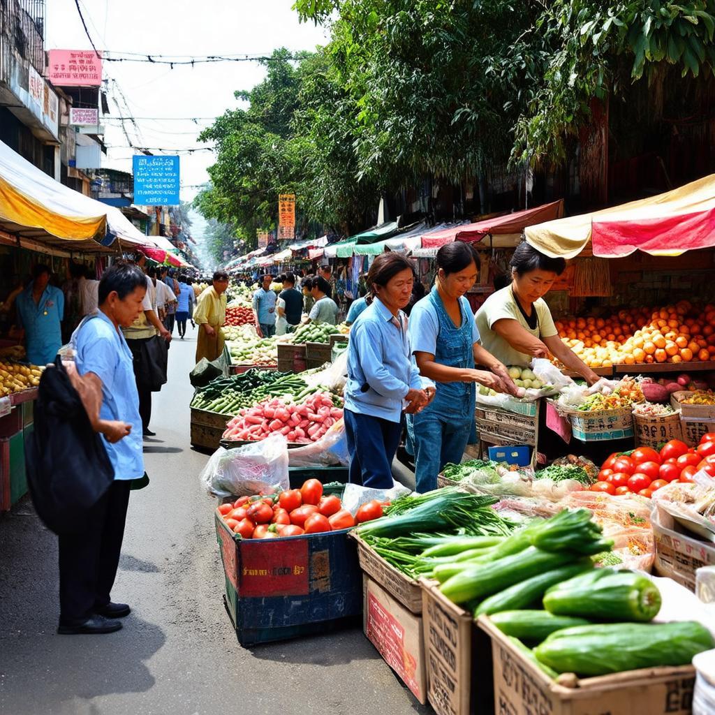 Quang cảnh chợ Thọ Sơn buổi sáng sớm với người mua kẻ bán tấp nập, nhiều hàng hóa tươi ngon.